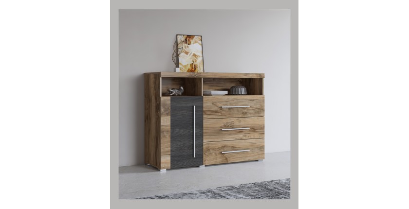Buffet BRAZZA 1 Tür 3 Schubladen – Kompakter Walnuss-Satin-Stauraum – Sichtbare Fächer – 119 cm