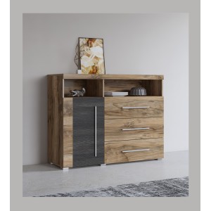 Buffet BRAZZA 1 Tür 3 Schubladen – Kompakter Walnuss-Satin-Stauraum – Sichtbare Fächer – 119 cm