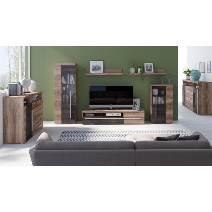 Buffet BRAZZA 1 Tür 3 Schubladen – Kompakter Aufbewahrungsschrank in Satin Nussbaum – Sichtbare Fächer – 119 cm