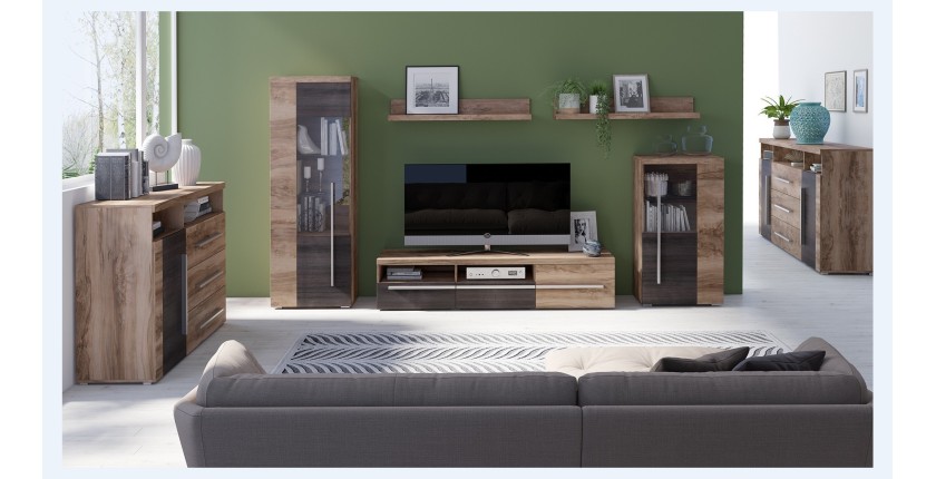 Buffet BRAZZA 1 Tür 3 Schubladen – Kompakter Walnuss-Satin-Stauraum – Sichtbare Fächer – 119 cm
