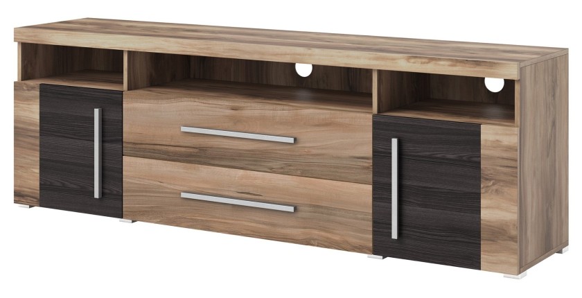 TV-Möbel BRAZZA 182 cm – 2 Türen, 2 Schubladen – Satin Nussbaum und sichtbare Fächer