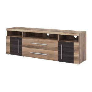 TV-Möbel BRAZZA 182 cm – 2 Türen, 2 Schubladen – Satin Nussbaum und sichtbare Fächer