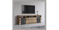 TV-Möbel BRAZZA 182 cm – 2 Türen, 2 Schubladen – Satin Nussbaum und sichtbare Fächer