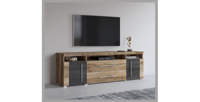 TV-Möbel BRAZZA 182 cm – 2 Türen, 2 Schubladen – Satin Nussbaum und sichtbare Fächer