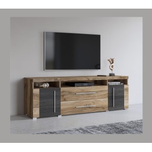TV-Möbel BRAZZA 182 cm – 2 Türen, 2 Schubladen – Satin Nussbaum und sichtbare Fächer
