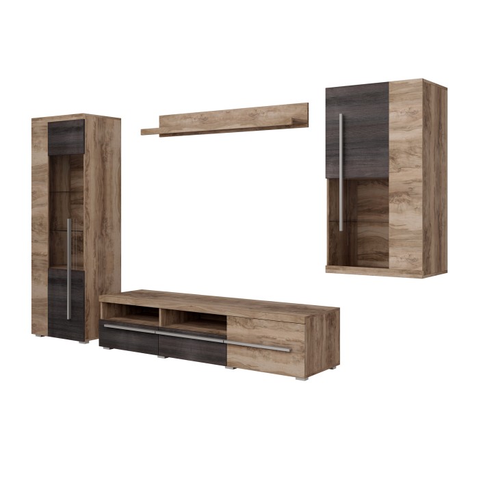 Composition murale BRAZZA – Meuble TV, vitrines et étagère – Noyer satin design