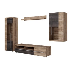 Composition murale BRAZZA – Meuble TV, vitrines et étagère – Noyer satin design