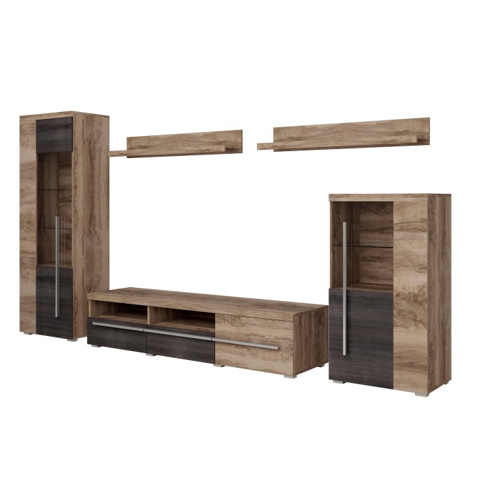 Composition murale BRAZZA – Vitrines, meuble TV 160 cm et 2 étagères – Finition noyer satin