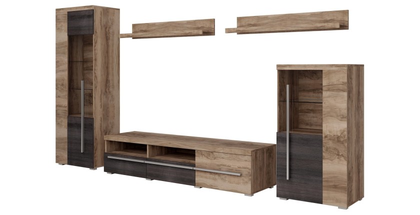 Wandkombination BRAZZA – Vitrinen, TV-Möbel 160 cm und 2 Regale – Satinierte Nussbaumoberfläche