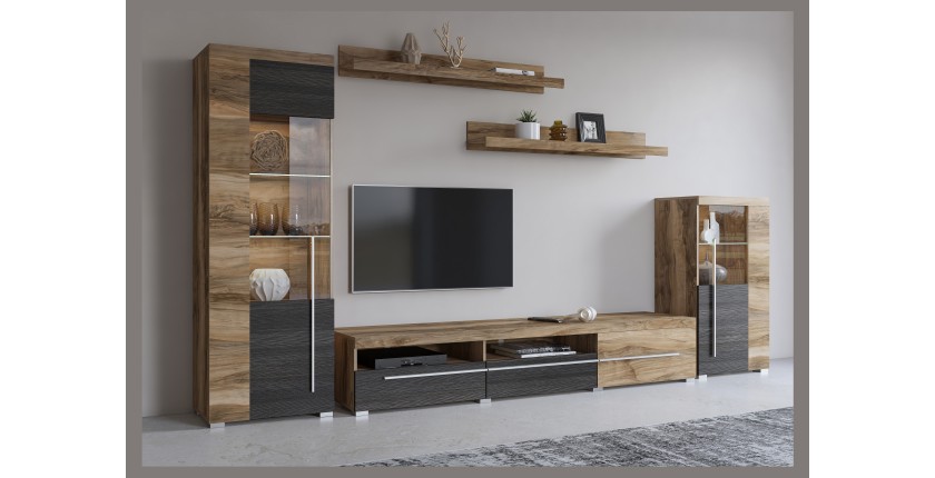 Wandkombination BRAZZA – Vitrinen, TV-Möbel 160 cm und 2 Regale – Satinierte Nussbaumoberfläche