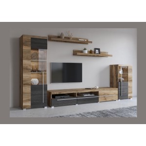 Wandkombination BRAZZA – Vitrinen, TV-Möbel 160 cm und 2 Regale – Satinierte Nussbaumoberfläche