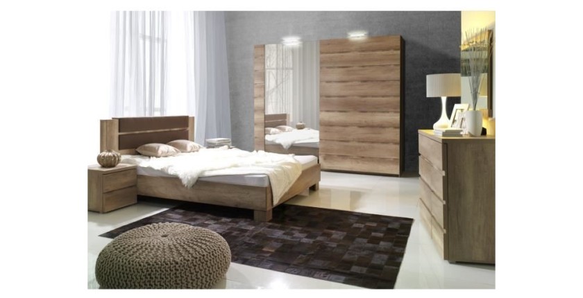 Komplettes Schlafzimmer ROMI – Bett 180x200 cm mit Lattenrost, 2 Nachttischen und Kommode – Farbe Eichenholz Canyon