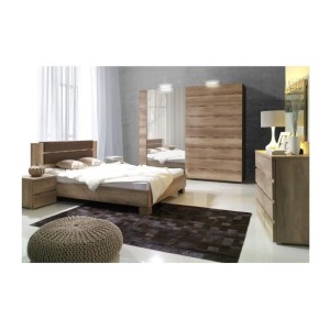 Komplettes Schlafzimmer ROMI – Bett 180x200 cm mit Lattenrost, 2 Nachttischen und Kommode – Farbe Eichenholz Canyon