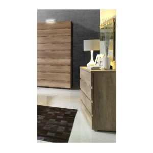 Komplettes Schlafzimmer ROMI – Bett 180x200 cm mit Lattenrost, 2 Nachttischen und Kommode – Farbe Eichenholz Canyon