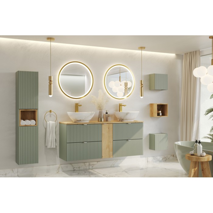 Colonne de salle de bain ELVINA – 2 portes – H140 cm – Coloris vert sauge gris – À suspendre 