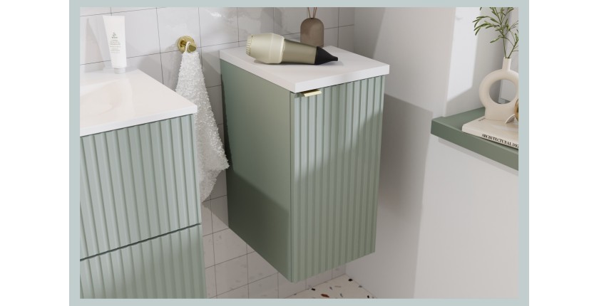Meuble de rangement salle de bain ELVINA – 1 porte – H57 cm – Coloris vert sauge gris – À suspendre 