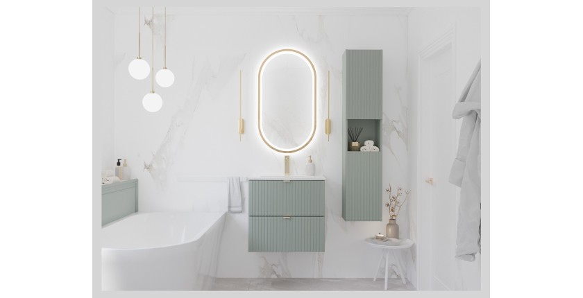 Meuble sous vasque ELVINA – 2 tiroirs – 60 cm – Coloris vert sauge gris – À suspendre 