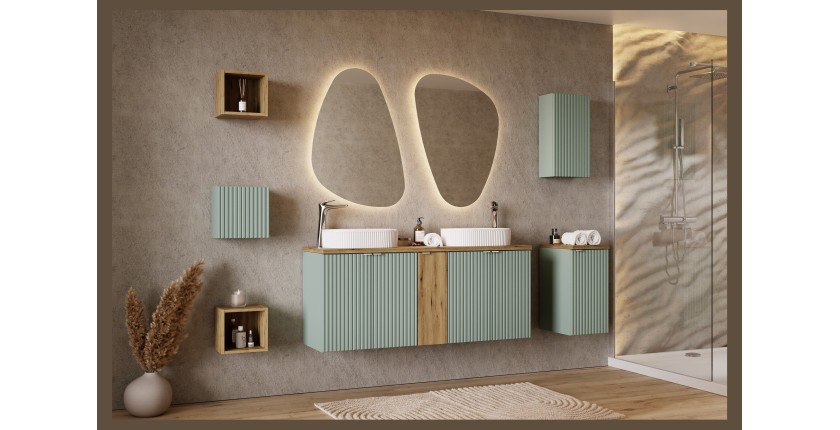 Meuble de rangement salle de bain ELVINA – 1 porte – 30 x 30 cm – Coloris vert sauge gris – À suspendre 