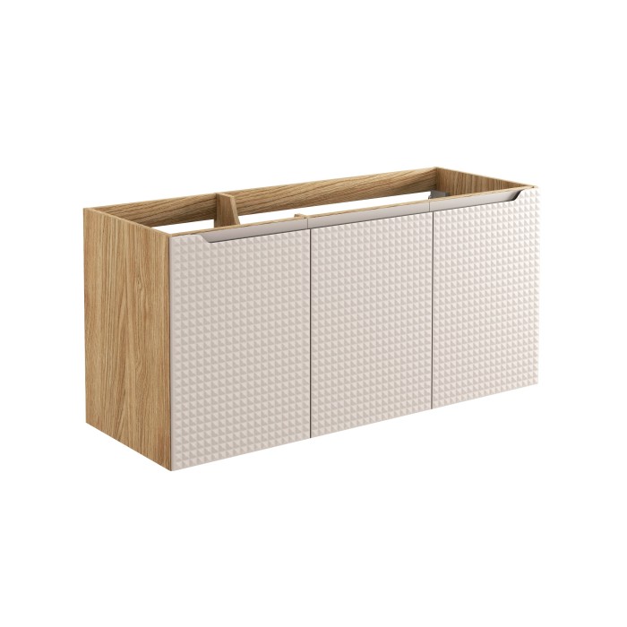 Meuble sous vasque VELNIA – 3 tiroirs – 120 cm – Coloris chêne clair et beige – À suspendre 