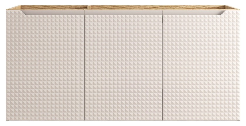 Meuble sous vasque VELNIA – 3 tiroirs – 120 cm – Coloris chêne clair et beige – À suspendre 