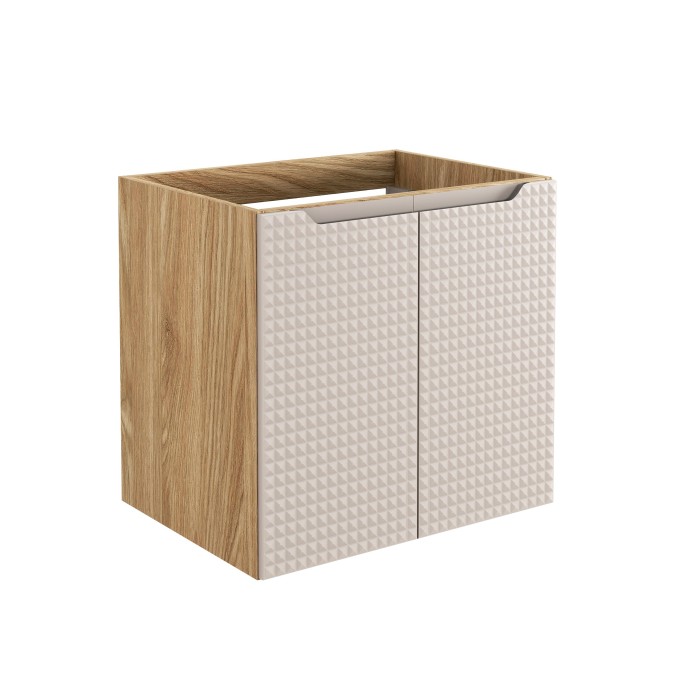 Meuble sous vasque VELNIA – 2 tiroirs – 60 cm – Coloris chêne clair et beige – À suspendre 