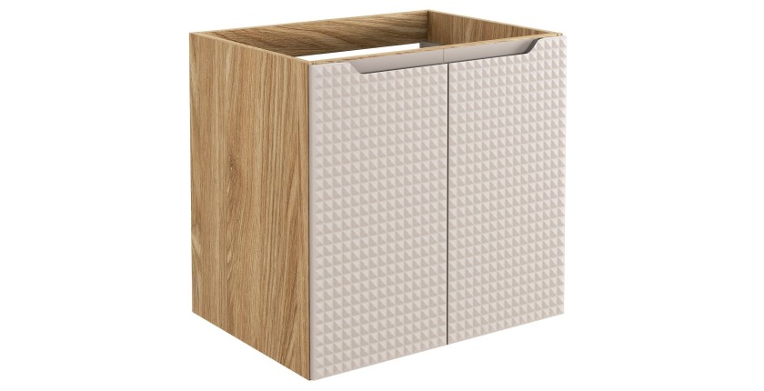 Meuble sous vasque VELNIA – 2 tiroirs – 60 cm – Coloris chêne clair et beige – À suspendre 