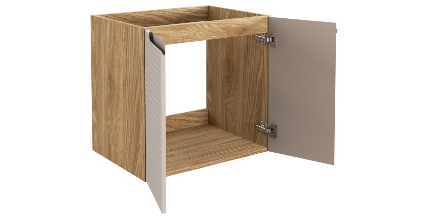 Meuble sous vasque VELNIA – 2 tiroirs – 60 cm – Coloris chêne clair et beige – À suspendre 