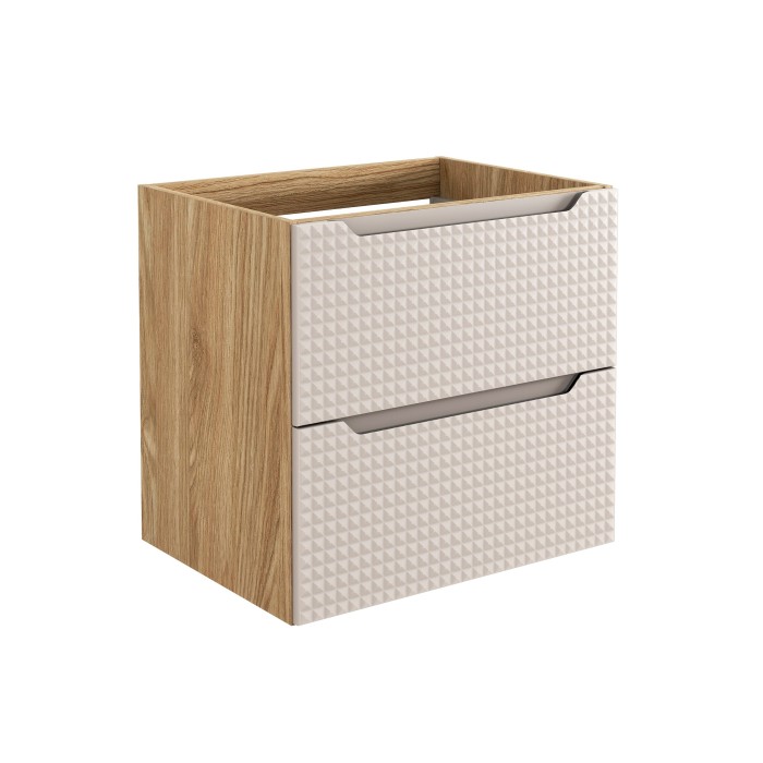 Meuble sous vasque VELNIA – 2 tiroirs – 60 cm – Coloris chêne clair et beige – À suspendre 