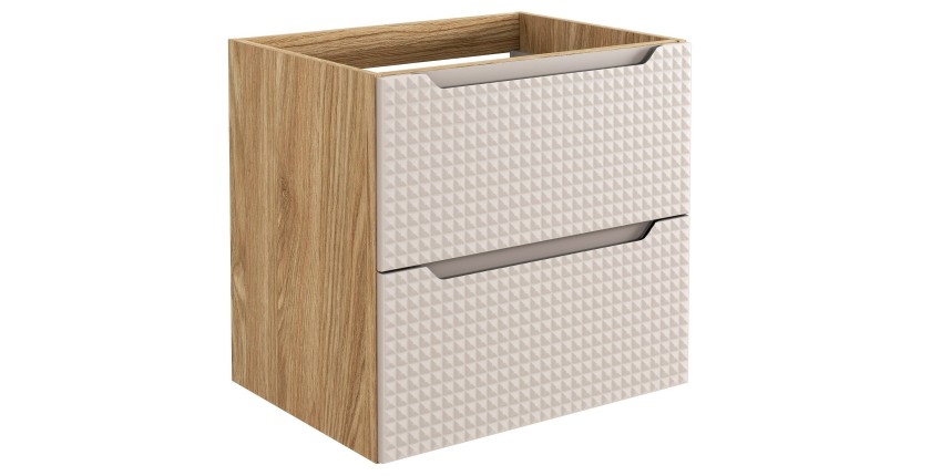 Meuble sous vasque VELNIA – 2 tiroirs – 60 cm – Coloris chêne clair et beige – À suspendre 