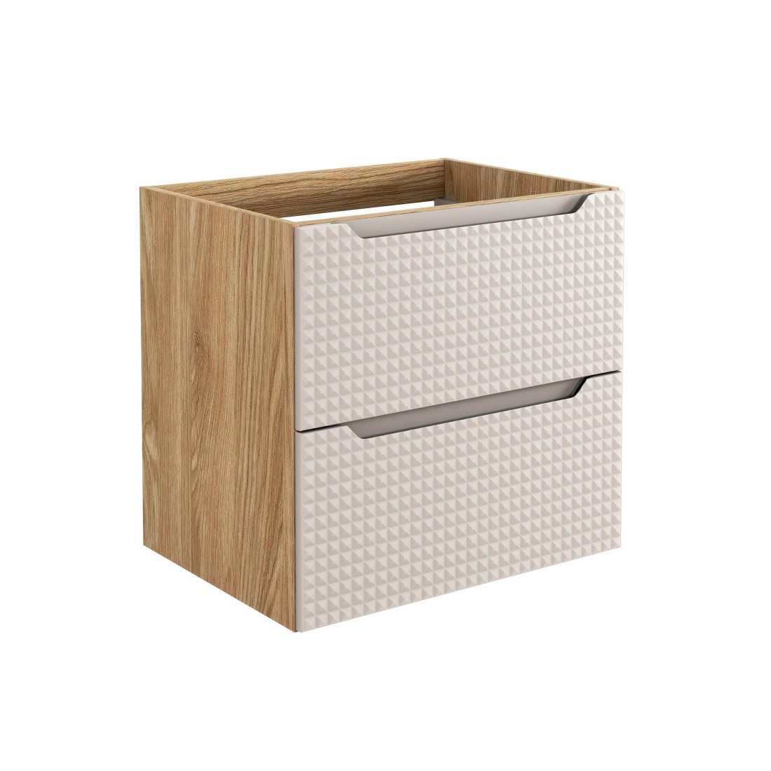 Meuble sous vasque VELNIA – 2 tiroirs – 60 cm – Coloris chêne clair et beige – À suspendre 