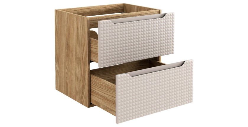 Meuble sous vasque VELNIA – 2 tiroirs – 60 cm – Coloris chêne clair et beige – À suspendre 