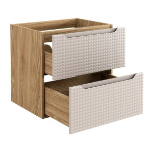 Meuble sous vasque VELNIA – 2 tiroirs – 60 cm – Coloris chêne clair et beige – À suspendre 