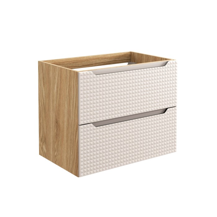 Meuble sous vasque VELNIA – 2 tiroirs – 70 cm – Coloris chêne clair et beige – À suspendre 