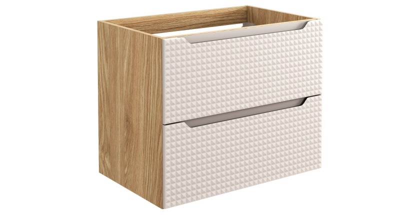 Meuble sous vasque VELNIA – 2 tiroirs – 70 cm – Coloris chêne clair et beige – À suspendre 