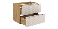 Meuble sous vasque VELNIA – 2 tiroirs – 70 cm – Coloris chêne clair et beige – À suspendre 