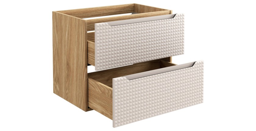Meuble sous vasque VELNIA – 2 tiroirs – 70 cm – Coloris chêne clair et beige – À suspendre 