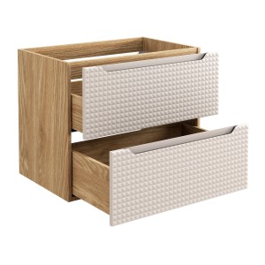 Meuble sous vasque VELNIA – 2 tiroirs – 70 cm – Coloris chêne clair et beige – À suspendre 
