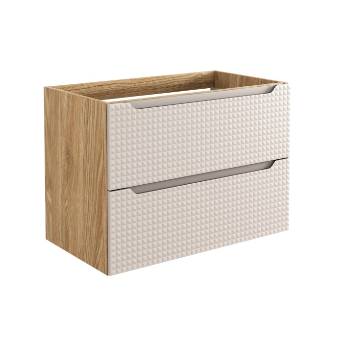 Meuble sous vasque VELNIA – 2 tiroirs – 80 cm – Coloris chêne clair et beige – À suspendre 
