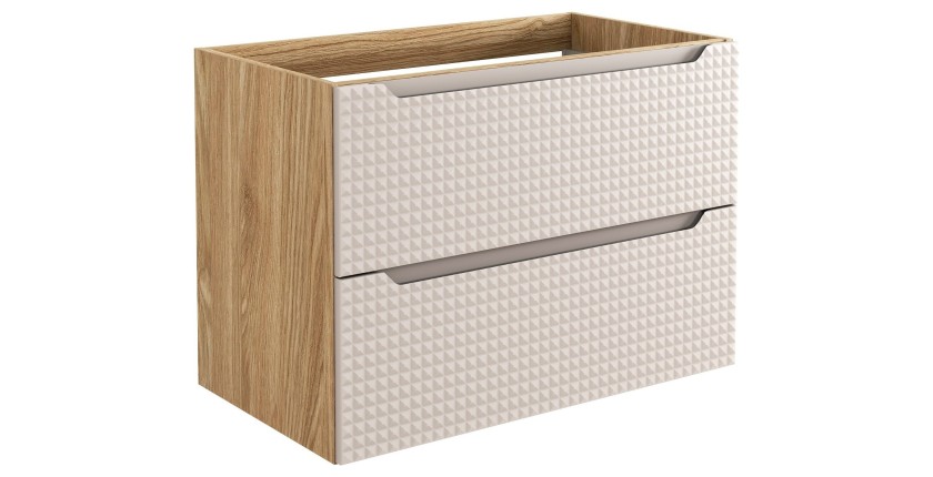 Meuble sous vasque VELNIA – 2 tiroirs – 80 cm – Coloris chêne clair et beige – À suspendre 
