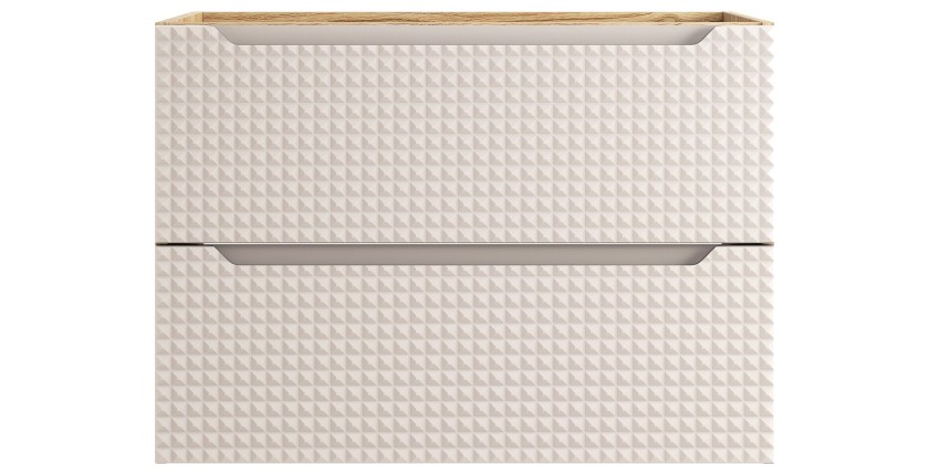 Meuble sous vasque VELNIA – 2 tiroirs – 80 cm – Coloris chêne clair et beige – À suspendre 