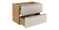 Meuble sous vasque VELNIA – 2 tiroirs – 80 cm – Coloris chêne clair et beige – À suspendre 