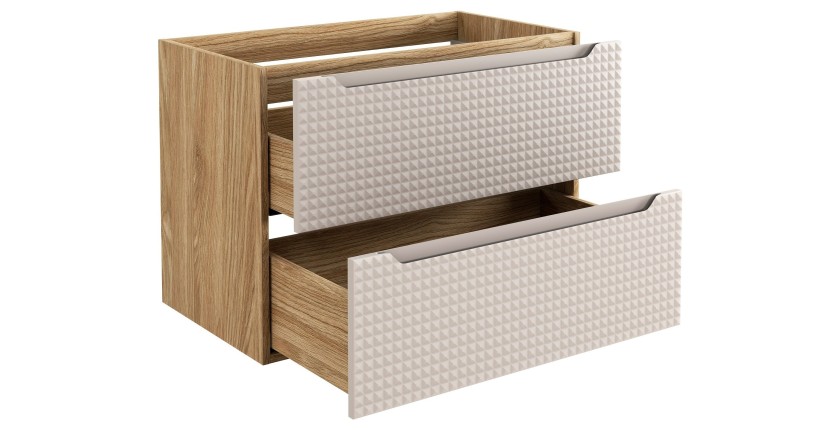 Meuble sous vasque VELNIA – 2 tiroirs – 80 cm – Coloris chêne clair et beige – À suspendre 