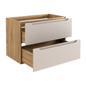 Meuble sous vasque VELNIA – 2 tiroirs – 80 cm – Coloris chêne clair et beige – À suspendre 