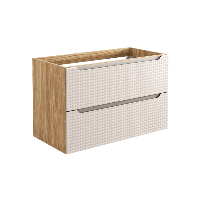 Meuble sous vasque VELNIA – 2 tiroirs – 90 cm – Coloris chêne clair et beige – À suspendre 