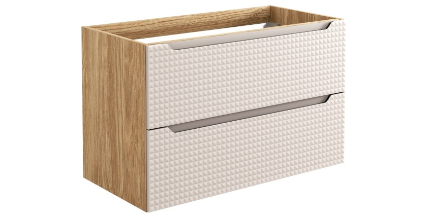 Meuble sous vasque VELNIA – 2 tiroirs – 90 cm – Coloris chêne clair et beige – À suspendre 