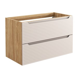 Meuble sous vasque VELNIA – 2 tiroirs – 90 cm – Coloris chêne clair et beige – À suspendre 