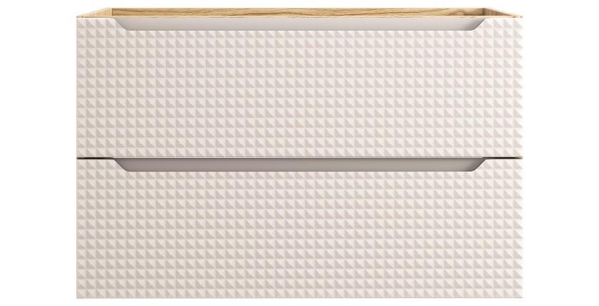 Meuble sous vasque VELNIA – 2 tiroirs – 90 cm – Coloris chêne clair et beige – À suspendre 