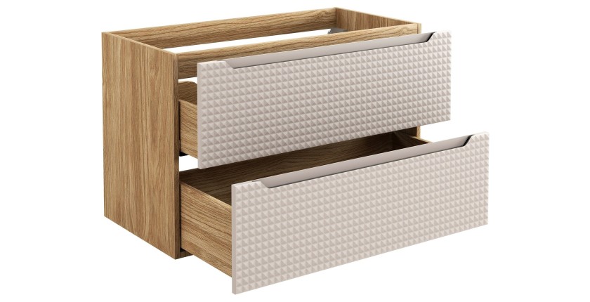 Meuble sous vasque VELNIA – 2 tiroirs – 90 cm – Coloris chêne clair et beige – À suspendre 