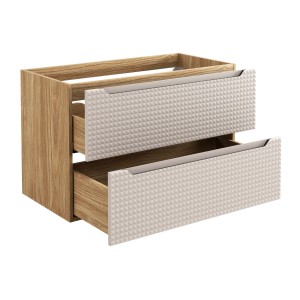 Meuble sous vasque VELNIA – 2 tiroirs – 90 cm – Coloris chêne clair et beige – À suspendre 
