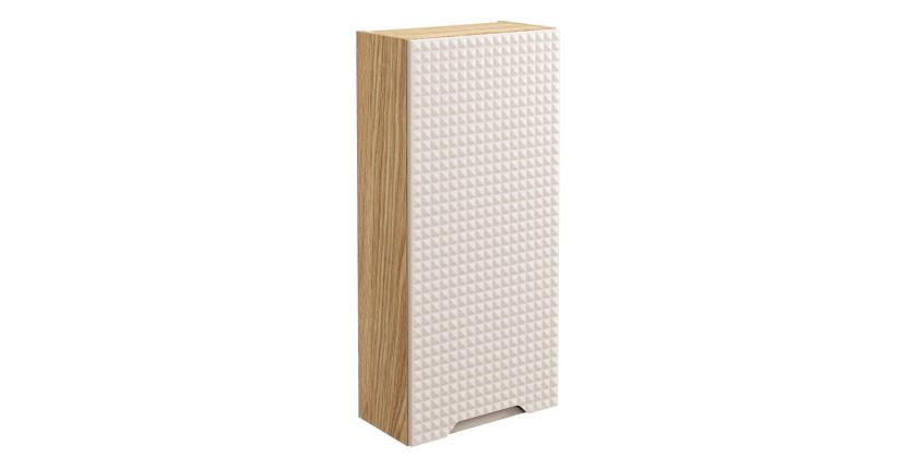 Meuble de rangement salle de bain VELNIA – 1 porte – 35 x 19 cm – Coloris chêne clair et beige – À suspendre 